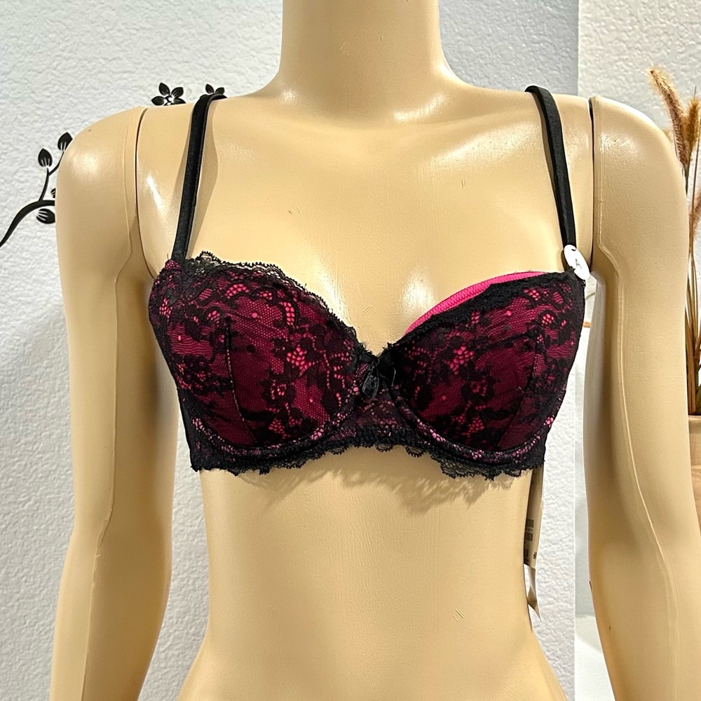 H&M NWT Black Pink Lace Balconette Demi Bra Size 36A Floral Lace